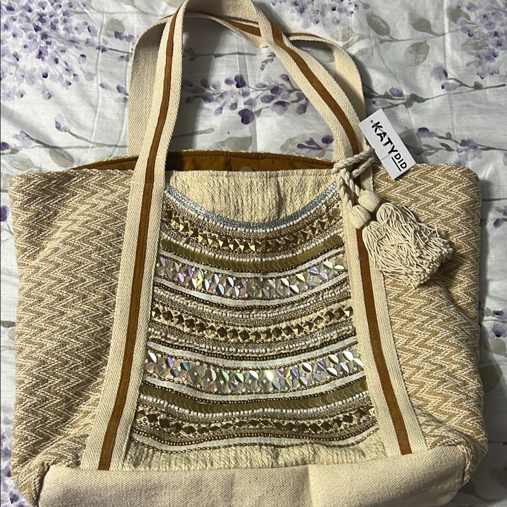 KATYDID Beige and Gold Embellished Tote Bag